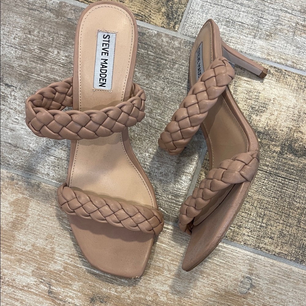 Steve Madden Women's Nude Vegan Leather Braided Slip On Mule Sandals Heels 9